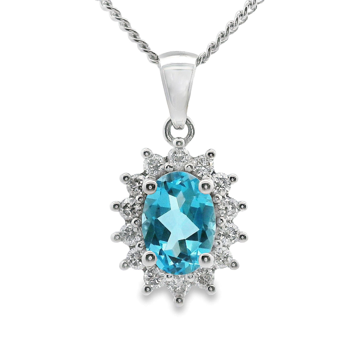 9ct White Gold Blue Topaz And Diamond Halo Pendant