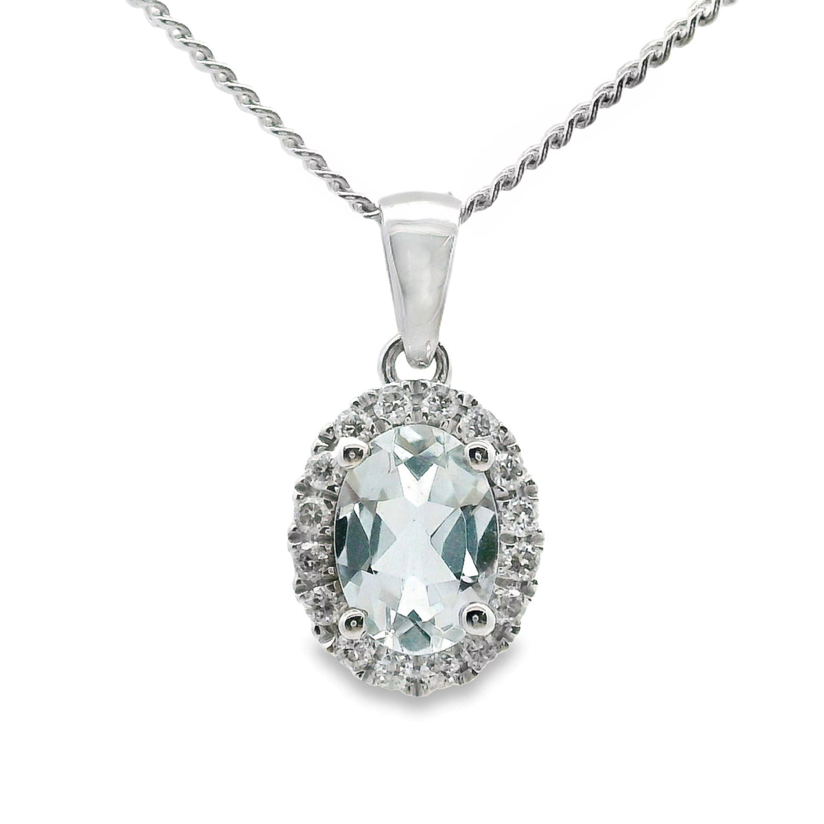 9ct White Gold Aquamarine And Diamond Halo Pendant