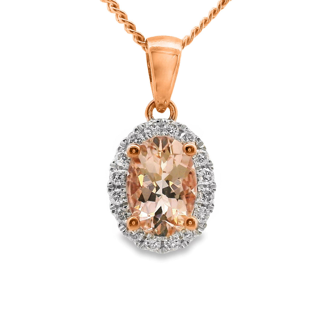 9ct Rose Gold Morganite And Diamond Halo Pendant