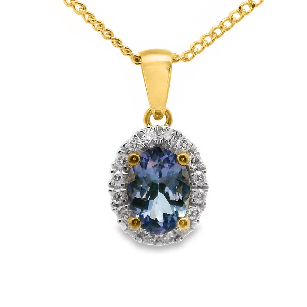 9ct Yellow Gold Tanzanite And Diamond Halo Pendant