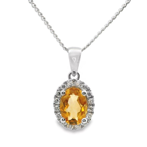 9ct White Gold Citrine And Diamond Halo Pendant