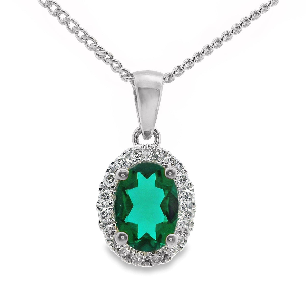 9ct White Gold Lab Grown Emerald And Diamond Halo Pendant