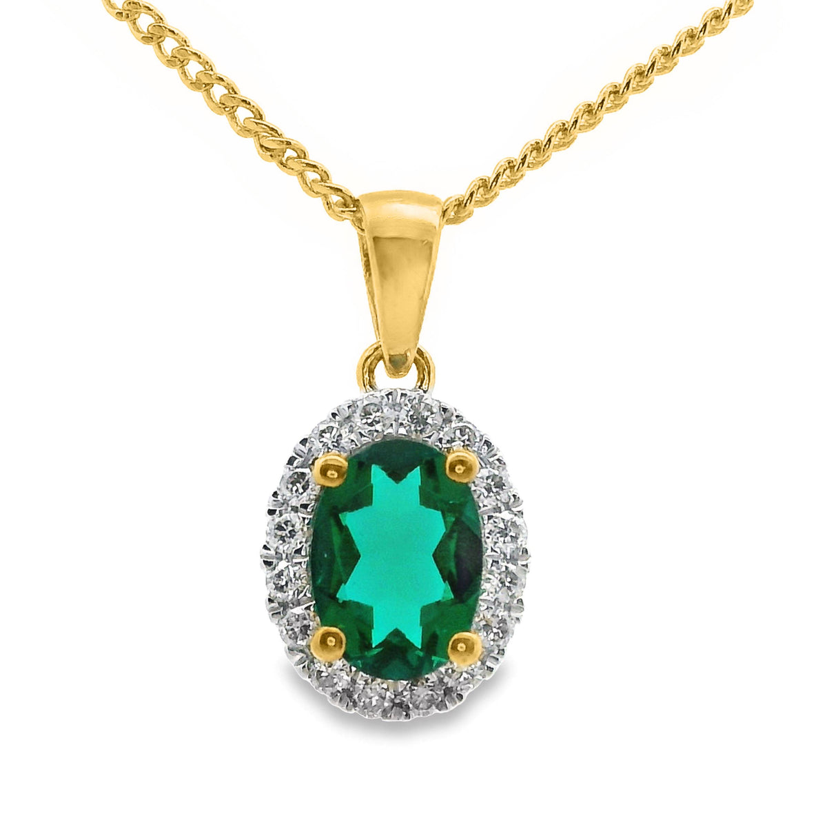 9ct Yellow Gold Lab Grown Emerald And Diamond Halo Pendant
