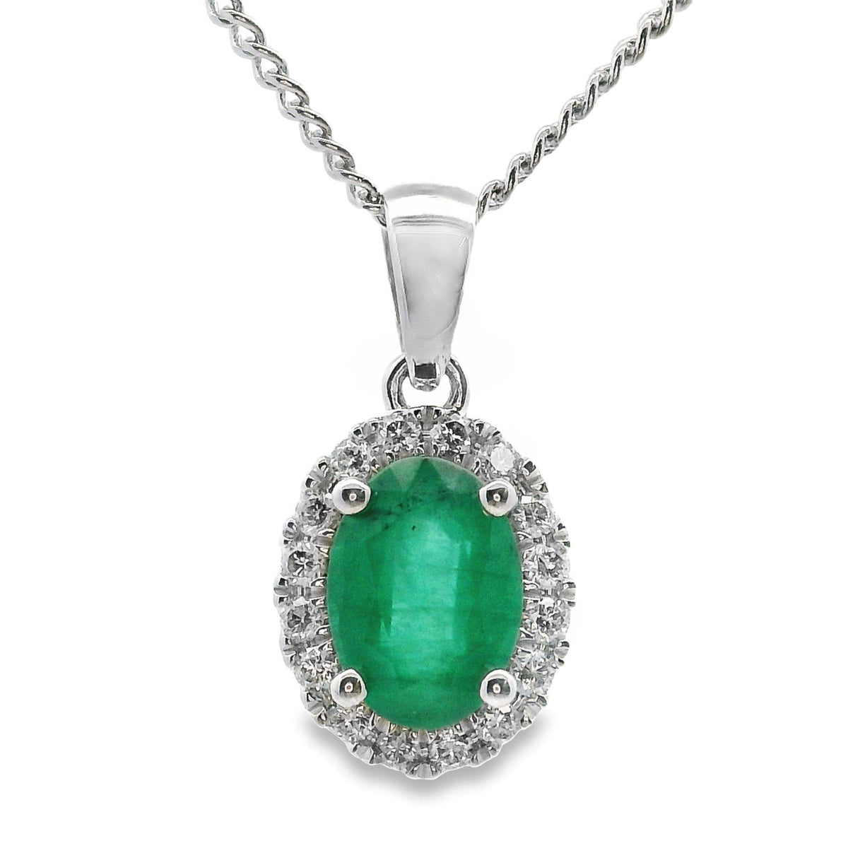 9ct White Gold Natural Emerald And Diamond Halo Pendant