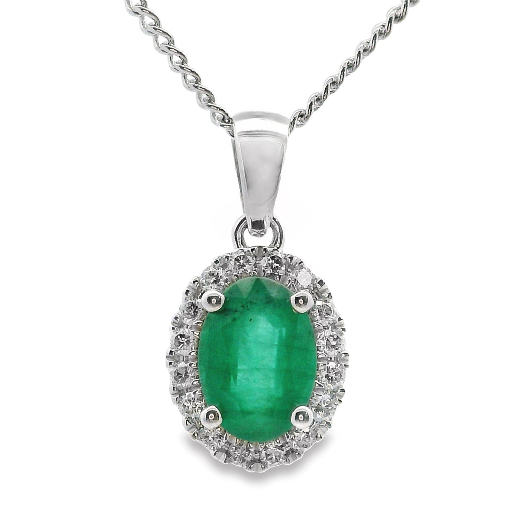 9ct White Gold Natural Emerald And Diamond Halo Pendant