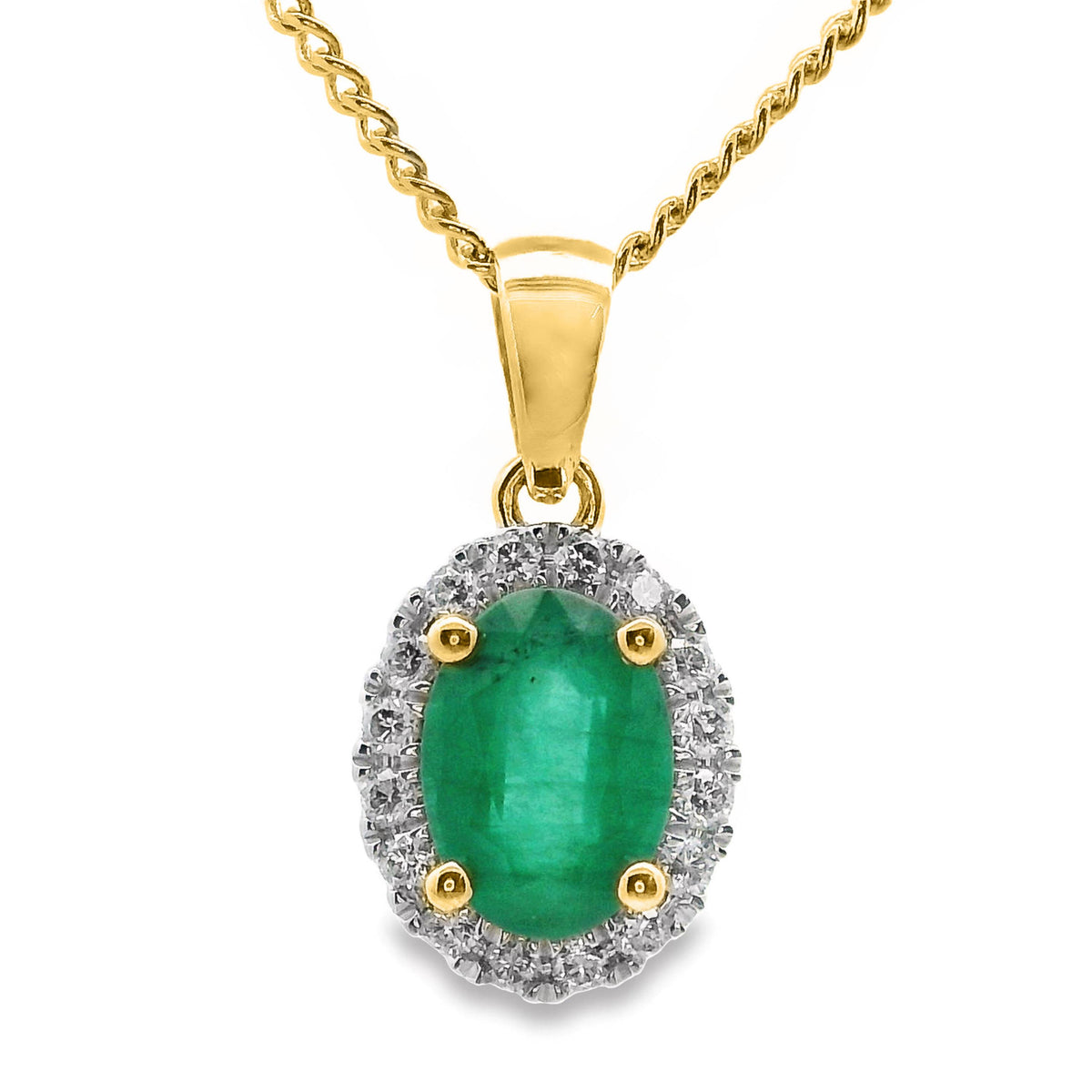 9ct Yellow Gold Natural Emerald And Diamond Halo Pendant
