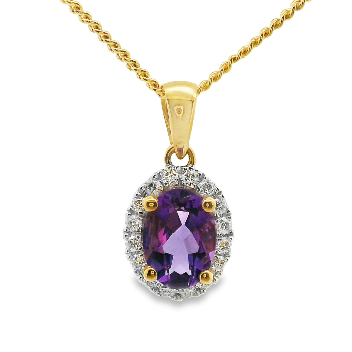 9ct Yellow Gold Amethyst And Diamond Halo Pendant