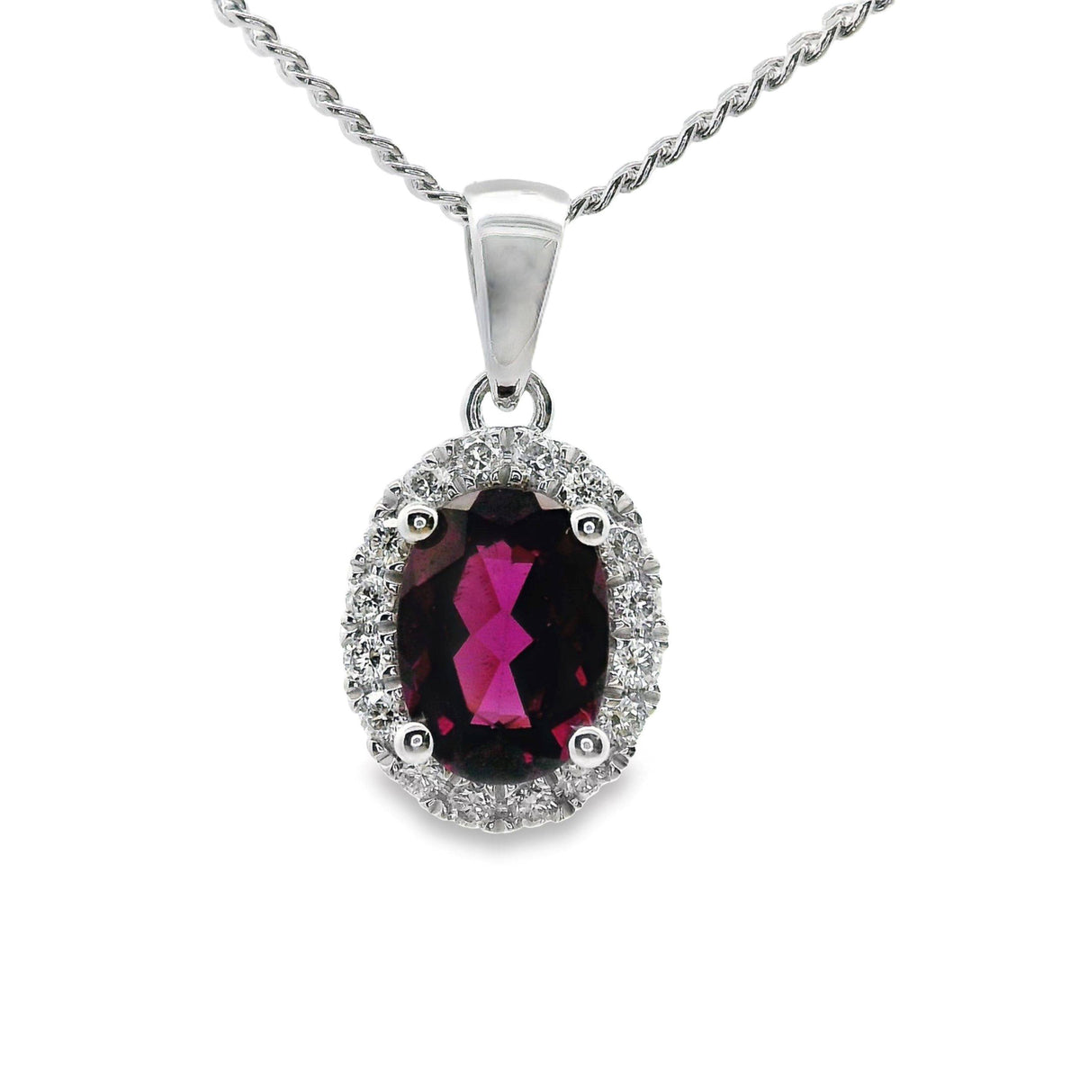 9ct White Gold Rhodolite Garnet And Diamond Halo Pendant