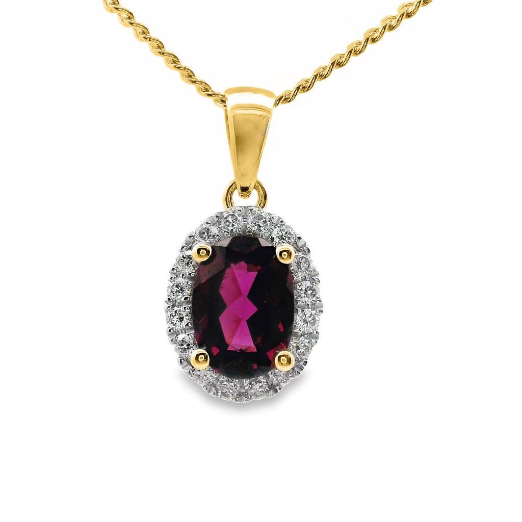 9ct Yellow Gold Rhodolite Garnet And Diamond Halo Pendant