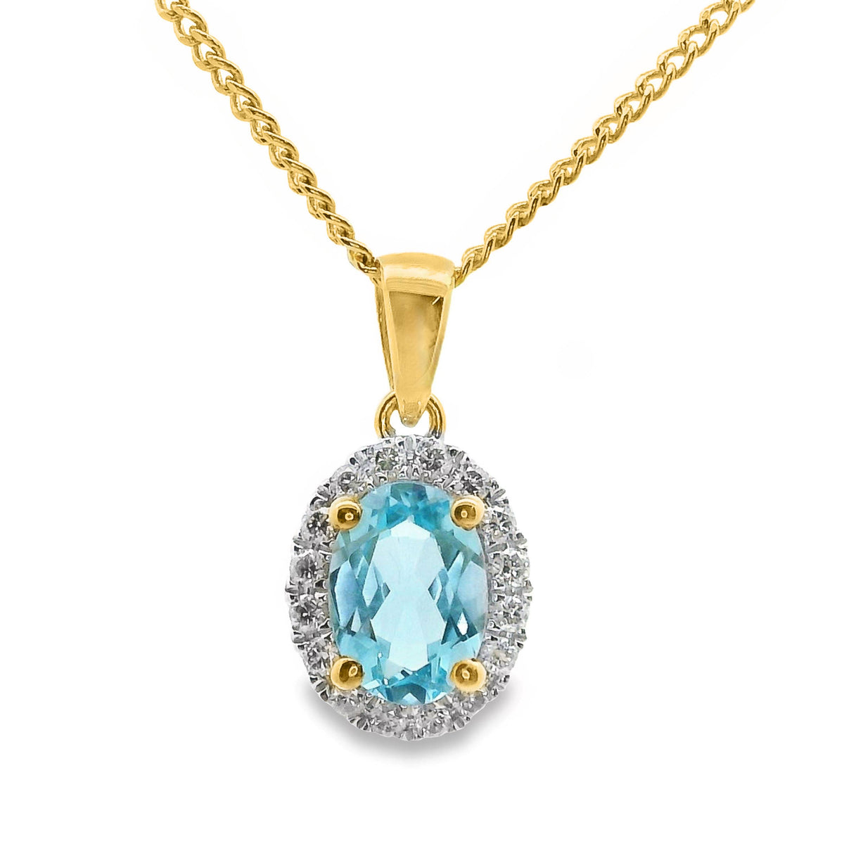 9ct Yellow Gold Blue Topaz And Diamond Halo Pendant