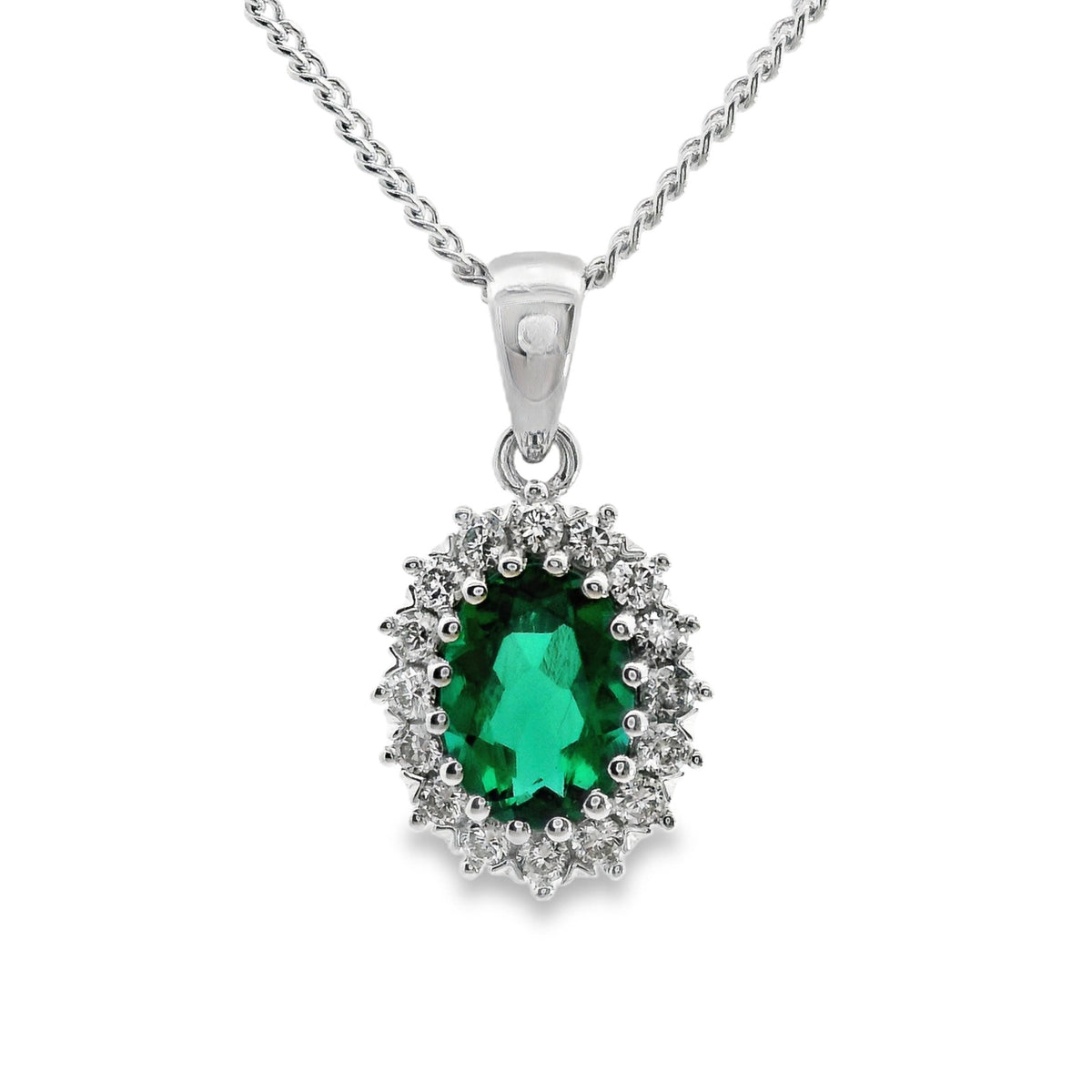 9ct White Gold Lab Grown Emerald And Diamond Pendant