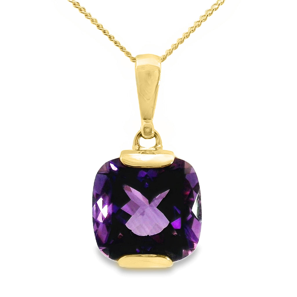 9ct Yellow Gold Cushion Cut Amethyst Pendant