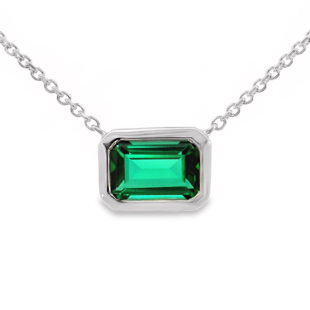 9ct White Gold Bezel Set Lab Grown Emerald Pendant Necklace