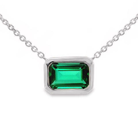 9ct White Gold Bezel Set Lab Grown Emerald Pendant Necklace