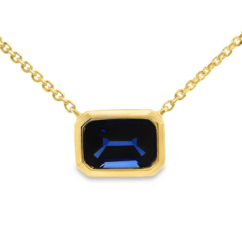 9ct Yellow Gold Bezel Set Lab Grown Sapphire Pendant Necklace