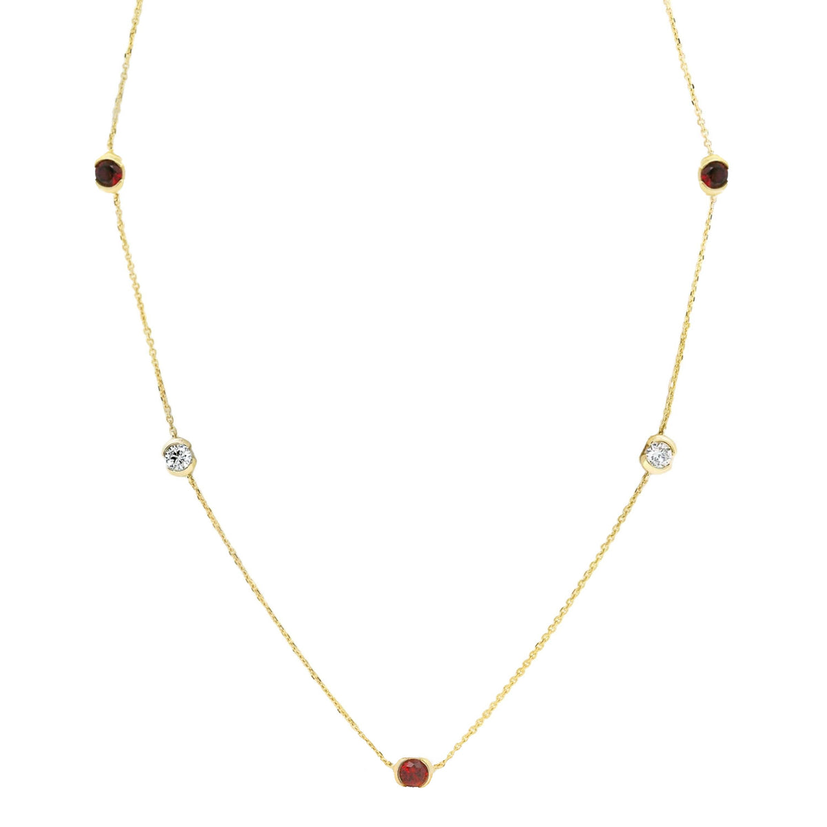 9ct Yellow Gold Alternating Lab Ruby And Diamond Bezel Set Necklace