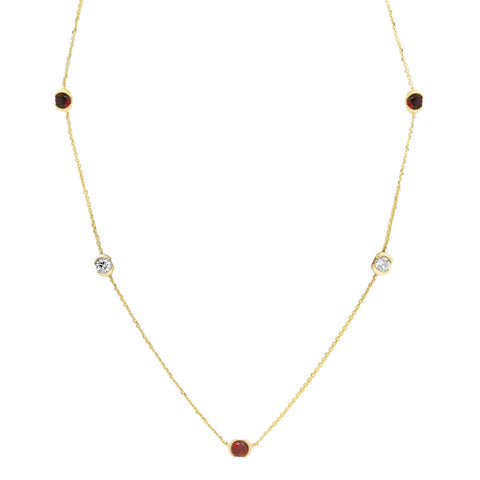 9ct Yellow Gold Alternating Lab Ruby And Diamond Bezel Set Necklace
