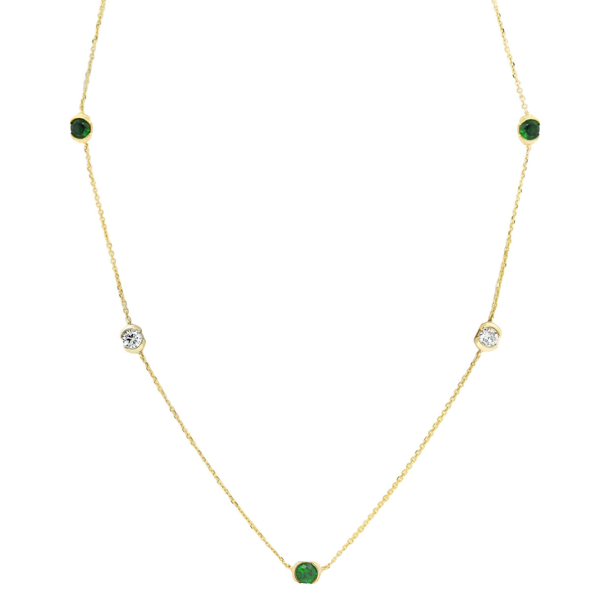 9ct Yellow Gold Alternating Lab Emerald And Diamond Bezel Set Necklace