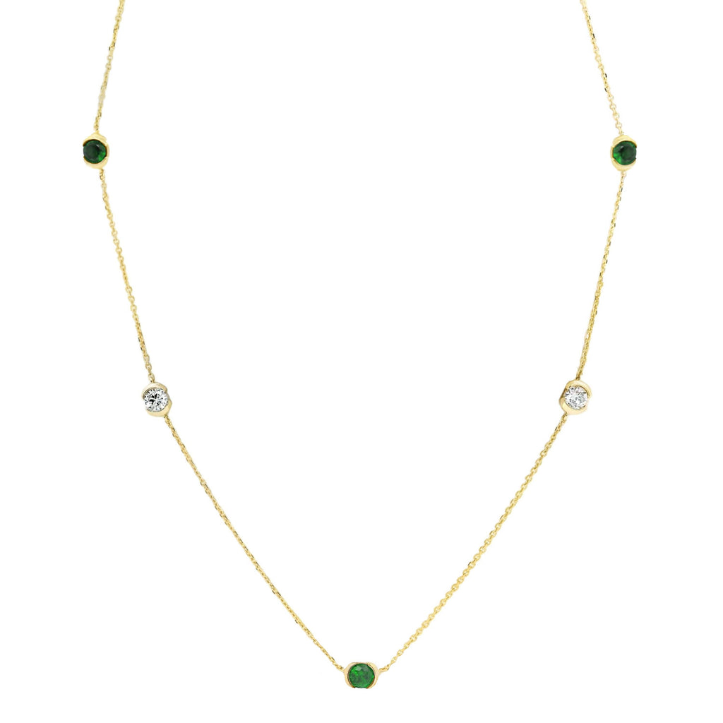 9ct Yellow Gold Alternating Lab Emerald And Diamond Bezel Set Necklace