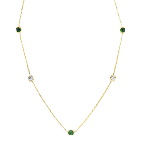 9ct Yellow Gold Alternating Lab Emerald And Diamond Bezel Set Necklace