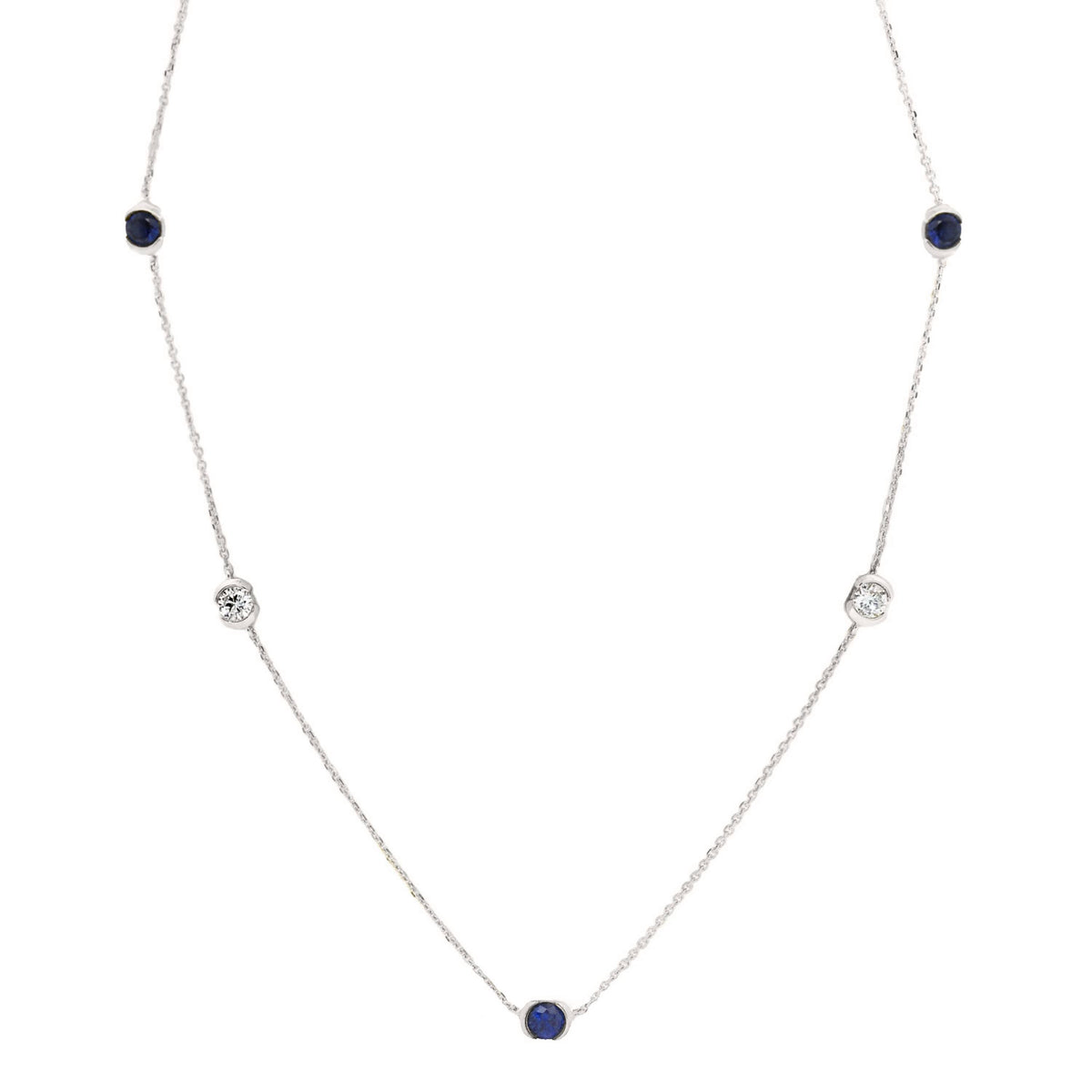 9ct White Gold Alternating Lab Sapphire And Diamond Bezel Set Necklace