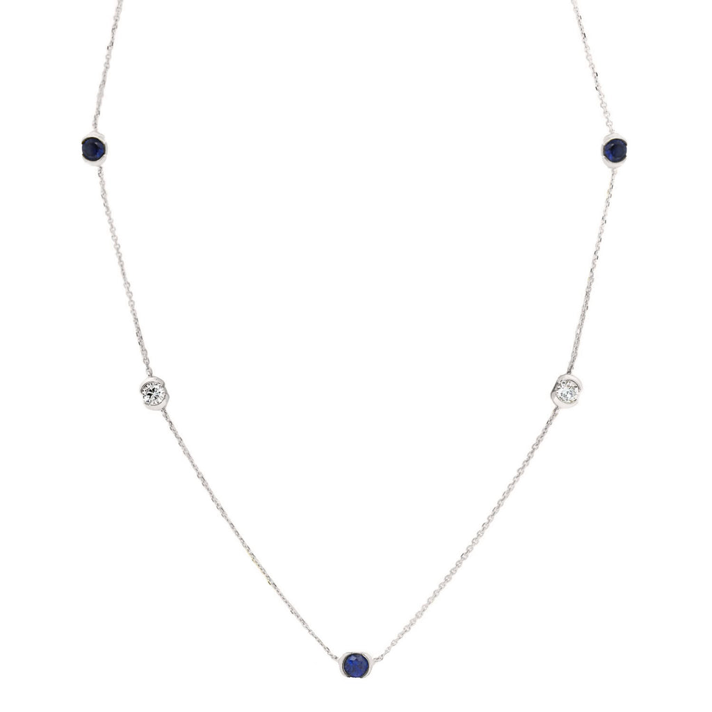 9ct White Gold Alternating Lab Sapphire And Diamond Bezel Set Necklace