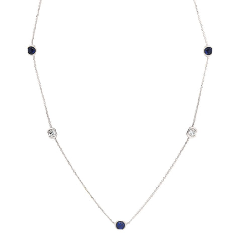9ct White Gold Alternating Lab Sapphire And Diamond Bezel Set Necklace