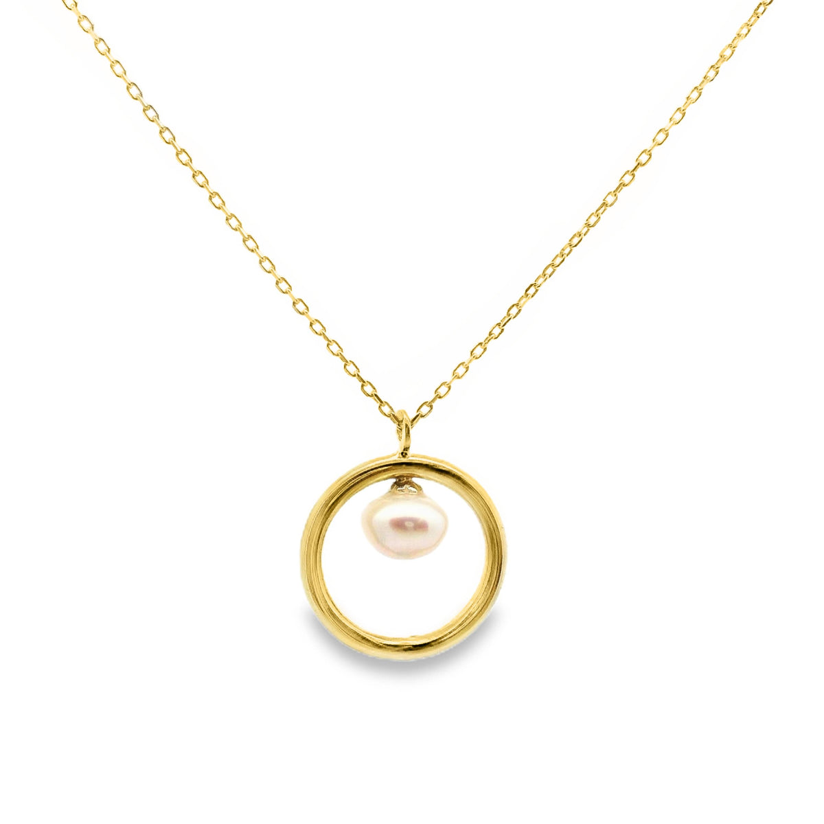 9ct Yellow Gold Open Circle Pedant With Synthetic Pearl And Gold Chain