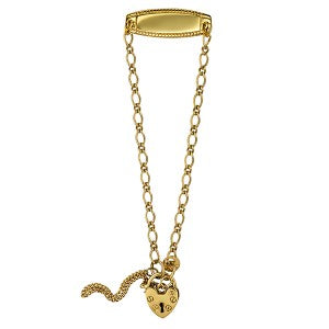 9ct Yellow Gold Oval Figaro 1.1 Child ID Braceltet with Plain Heart Padlock