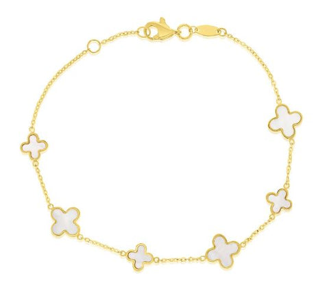 9ct Yellow Gold Mother Of Pearl Clover And Chain Bracelet