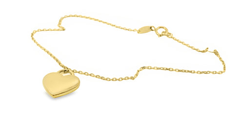 9ct Yellow Gold Heart Charm Fine Chain Bracelet