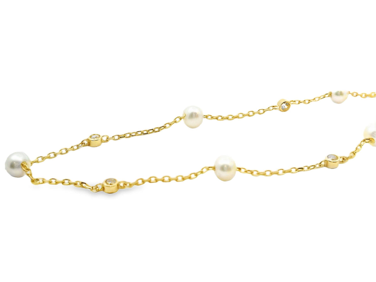 9ct Yellow Gold Fine Chain Bezel Set CZ And Pearl Bracelet