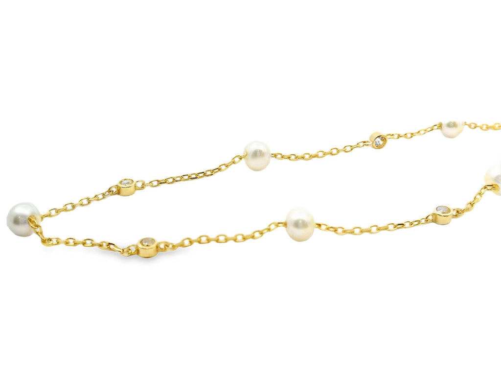 9ct Yellow Gold Fine Chain Bezel Set CZ And Pearl Bracelet