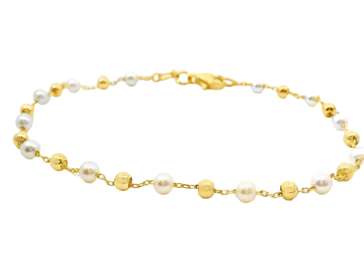 9ct Yellow Gold Alternating Seed Pearl And Ball Bracelet