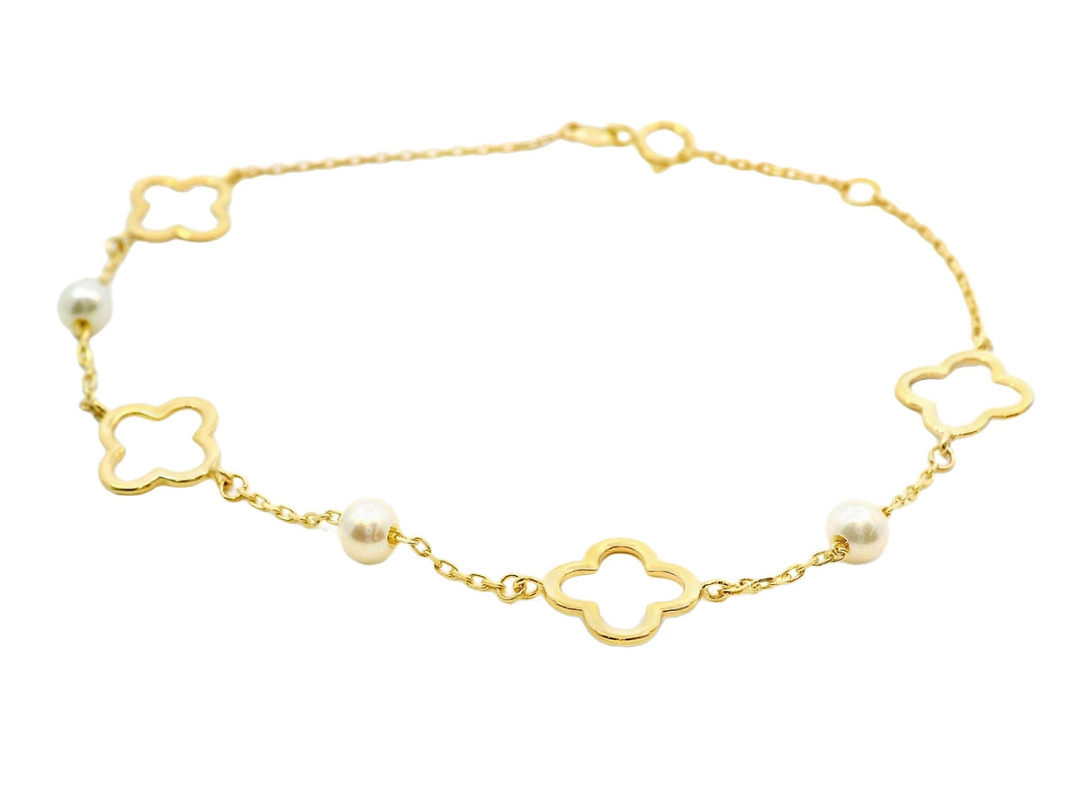 9ct Yellow Gold Alternating Clover and Pearl Bracelet
