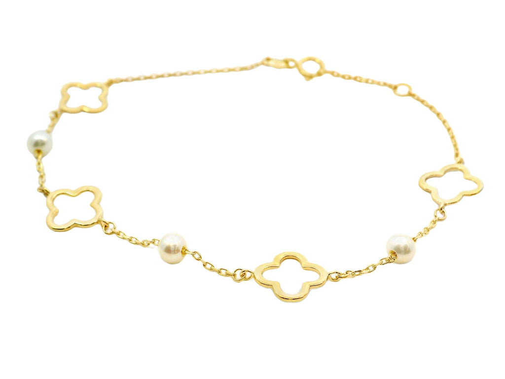9ct Yellow Gold Alternating Clover and Pearl Bracelet