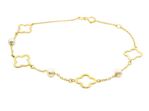 9ct Yellow Gold Alternating Clover and Pearl Bracelet