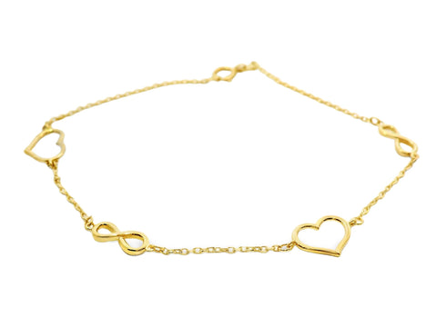 9ct Yellow Gold Alternating Open Heart and Infinity Bracelet
