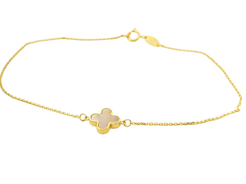 9ct Yellow Gold Mother Of Pearl Clover And Chain Bracelet