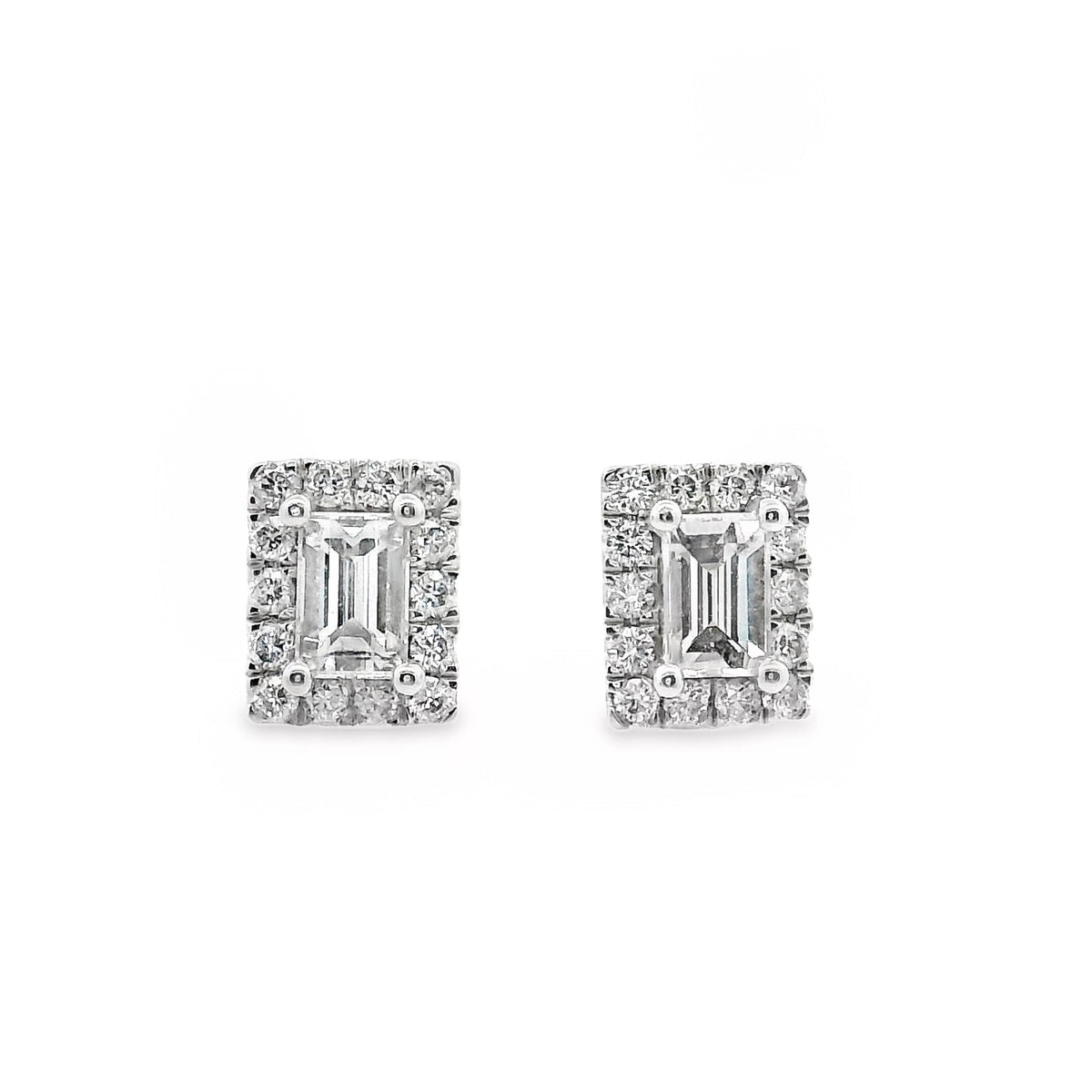 9ct White Gold Baguette Halo Diamond Stud Earrings