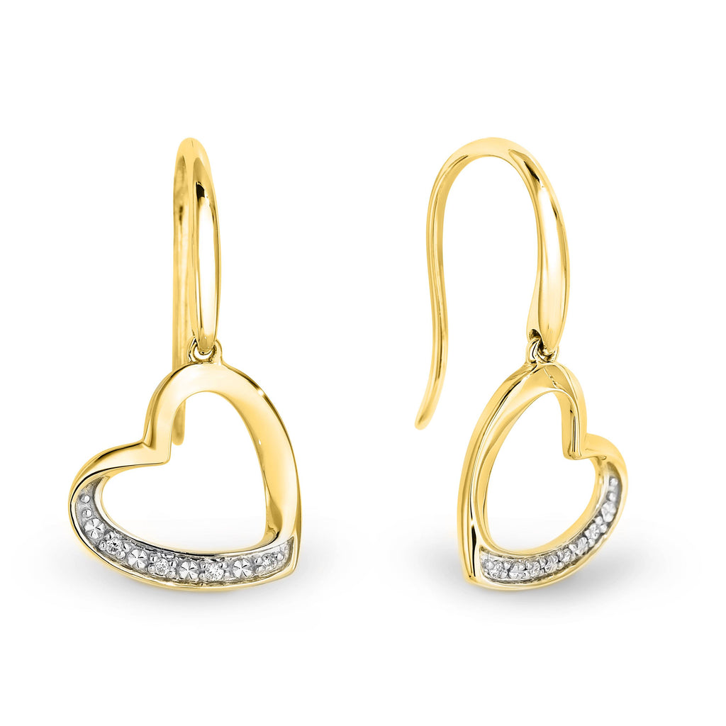 9ct Yellow Gold Diamond Set Open Heart Hook Earrings