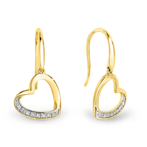 9ct Yellow Gold Diamond Set Open Heart Hook Earrings