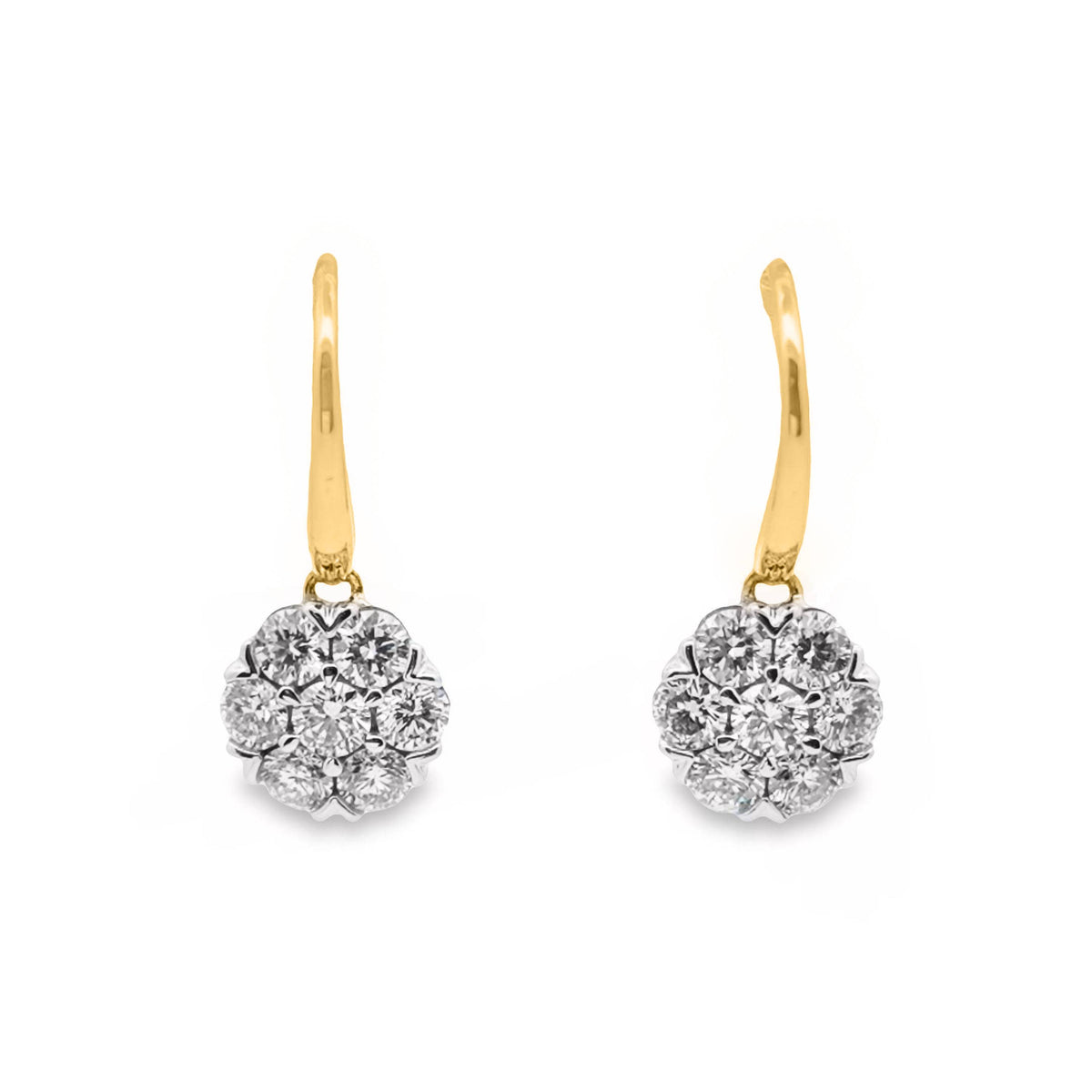 9ct Yellow Gold Cluster Set Natural Diamond Hook Earrings 1.41ct TDW