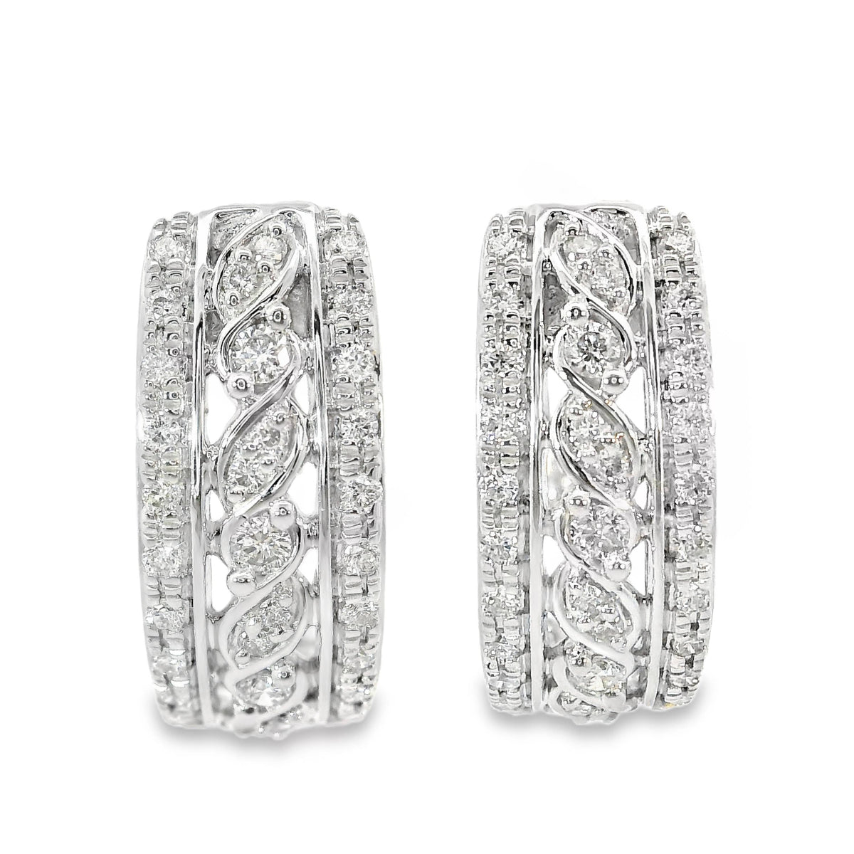 9ct White Gold Filigree Style Diamond Set Hoop Earrings