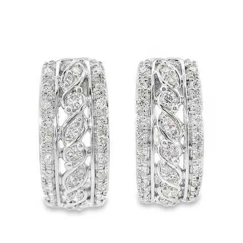 9ct White Gold Filigree Style Diamond Set Hoop Earrings