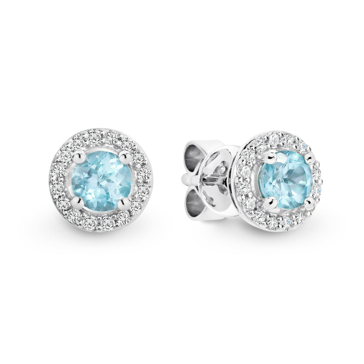 9ct White Gold Aquamarine And Diamond Halo Set Stud Earrings