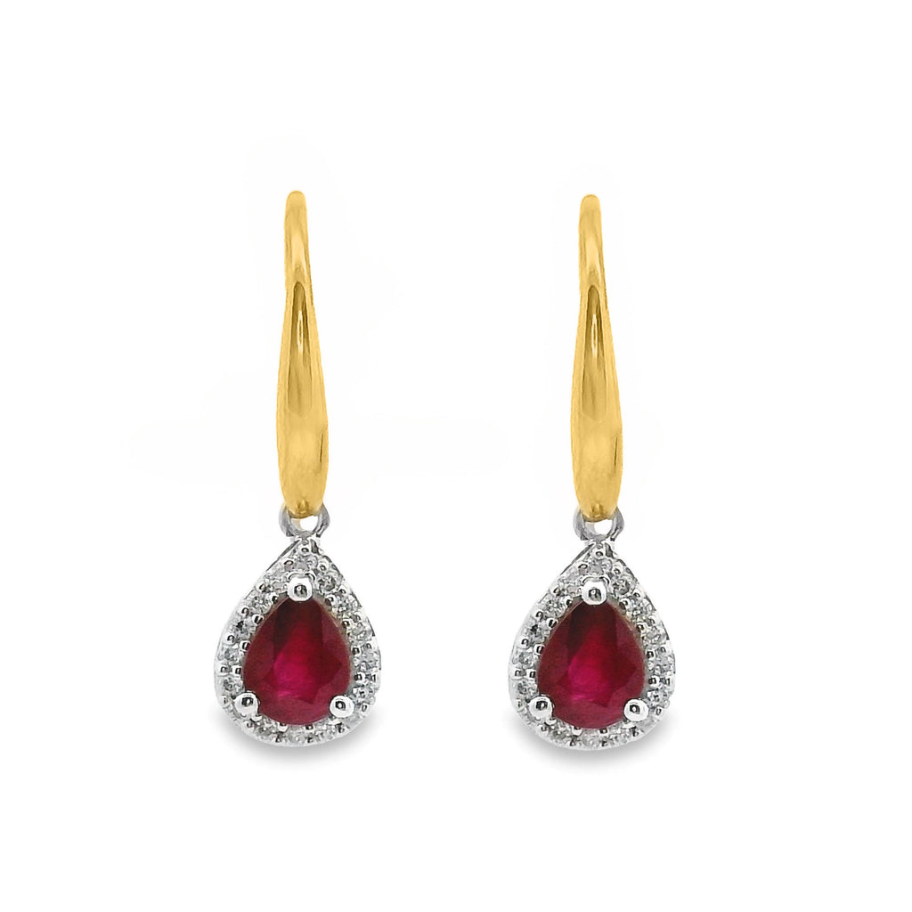 9ct Yellow Gold Natural Ruby And Diamond Hook Halo Earrings