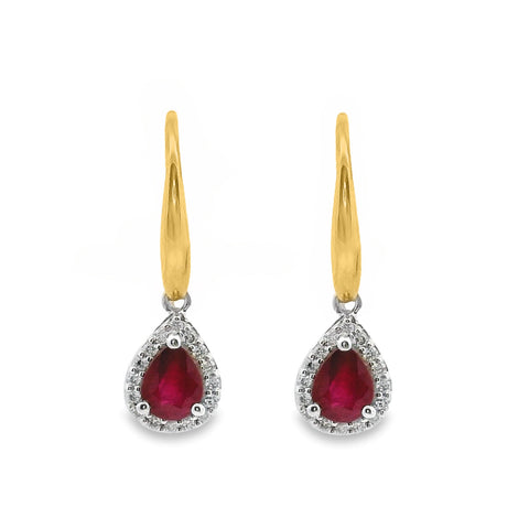 9ct Yellow Gold Natural Ruby And Diamond Hook Halo Earrings
