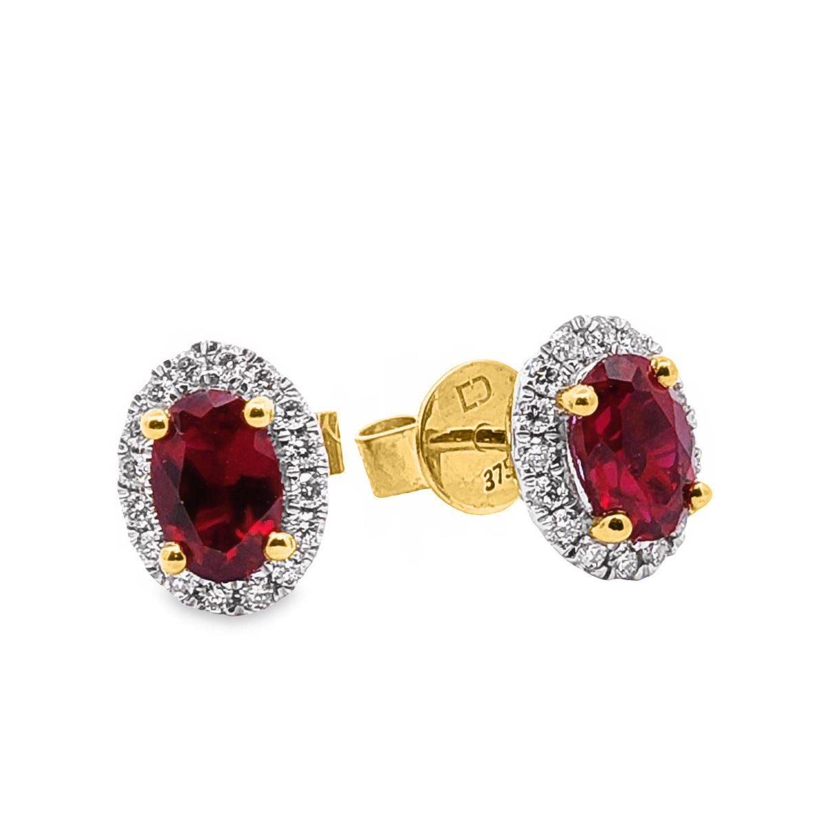 9ct Yellow Gold Lab Grown Ruby And Diamond Halo Set Earrings