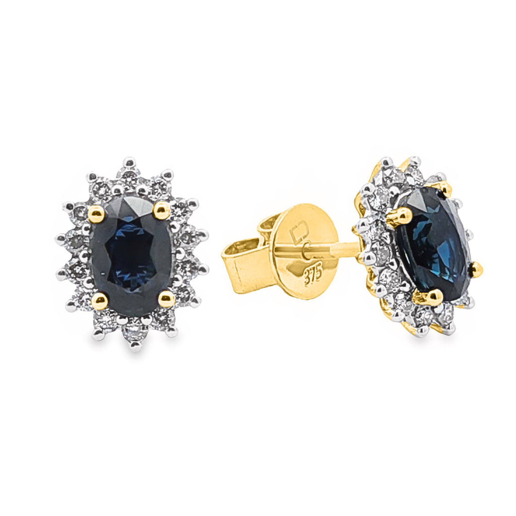 9ct Yellow Gold Natural Sapphire And Diamond Halo Set Earrings